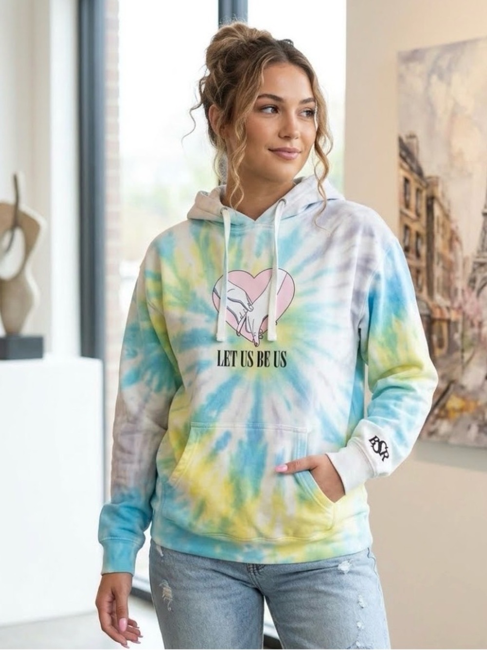 Samii Ryan BSR Revolve Tie Dye "LET US BE US" Sweatshirt Pastel Blue Yellow XL